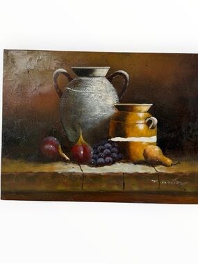 Vintage signed painting on canvas R. Wilcox moody European kitchen